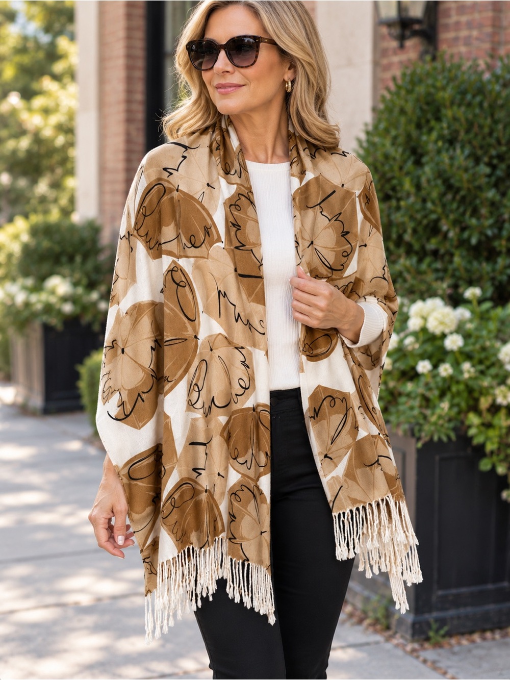 Francesca's Collections Tan & White Floral Fringe Open-Front Shawl